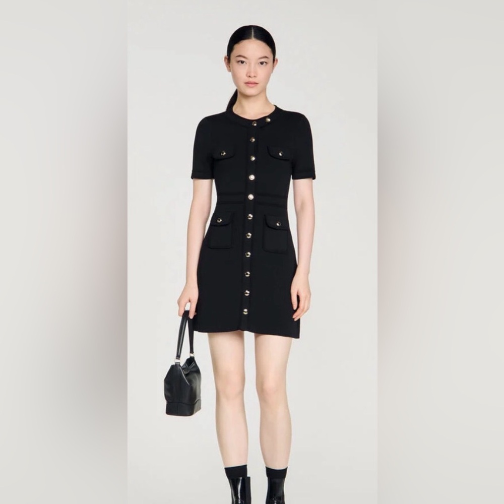 Sandro Black BUTTON-UP KNIT MINI DRESS 38